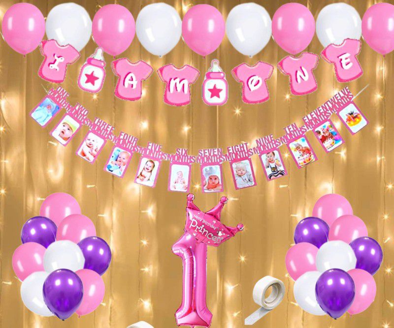 FLICK IN 1st Birthday Decorations Kit for Baby Girl Banner Princess Crown Led Light Set  (Set of 36)