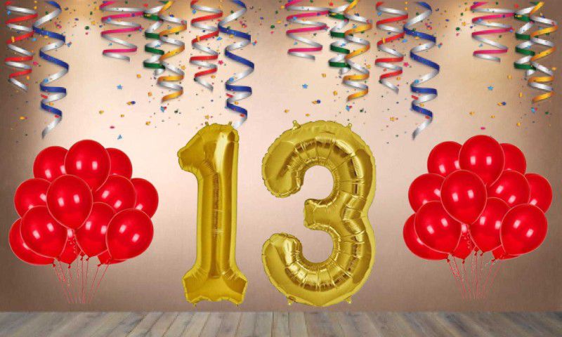 Balloonistics Gold Number 13 Foil Balloon and 25 Nos Red Metallic Shiny Latex Balloon  (Set of 1)