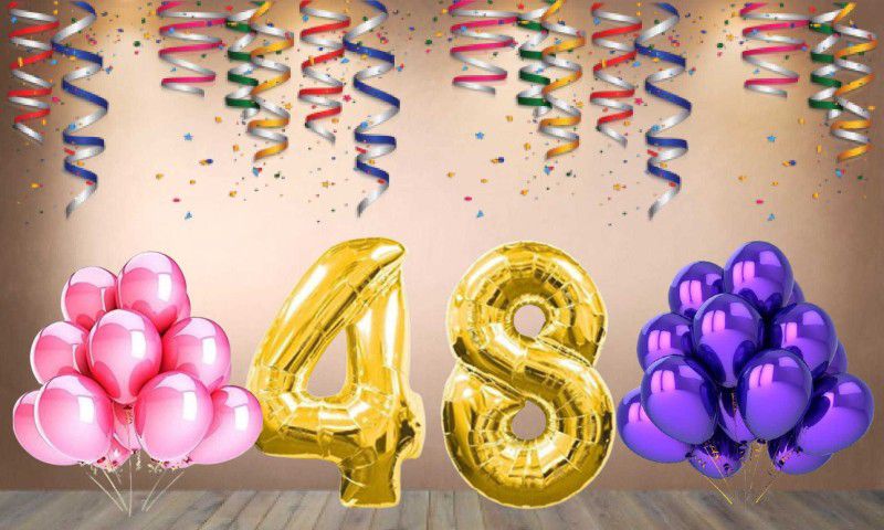 Balloonistics Gold Number 48 Foil Balloon and 25 Nos Pink Purple Metallic Shiny Latex Balloon  (Set of 1)