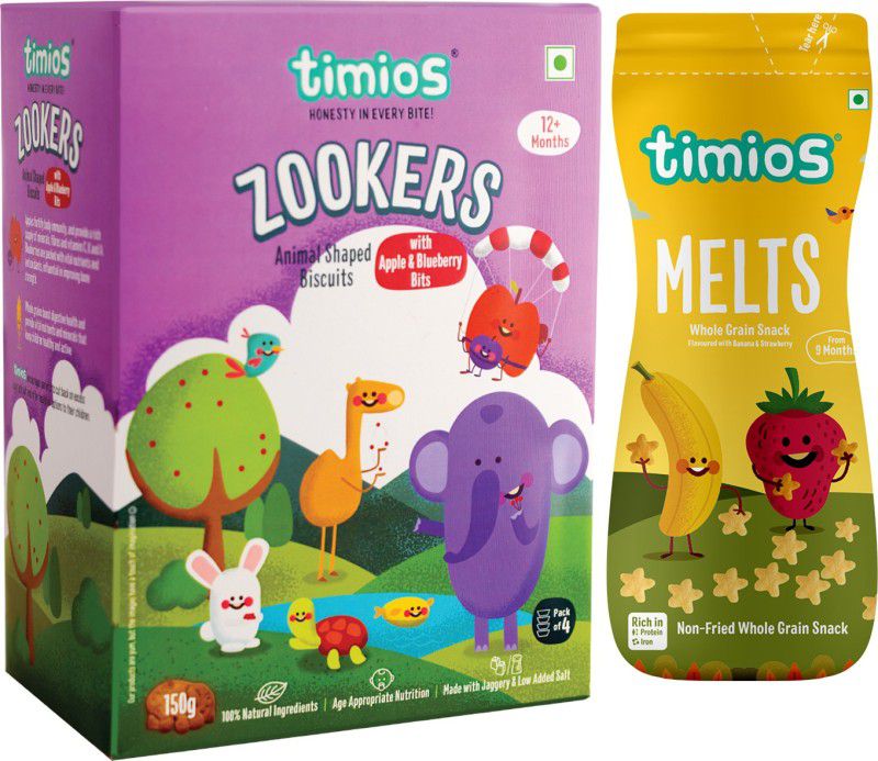Timios Melts Banana & Strawberry baby finger food and Zookers Cherry Bits animal shaped biscuits | Pack of 2 Combo Baby Snacks 200 g