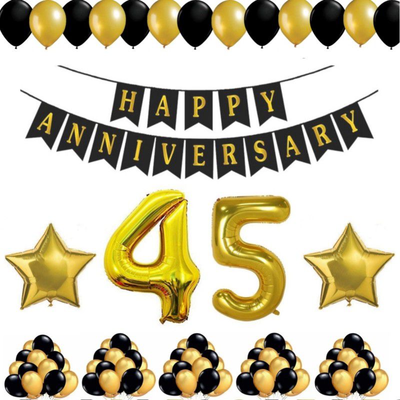 Alaina Happy Anniversary Decoration Kit 55 Pcs Combo - 1 Pc Happy Anniversary Banner (Black & Golden Color) + 50 Pcs Metallic Balloons + 2 Pcs Golden Foil Stars + 45 Number Foil in Golden Color  (Set of 55)