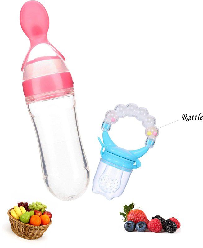 Mojo Galerie Feeding Combo Pack Self-Soother Blue Rattle Fruit & Pink Spoon Feeder for Babies - Silicon  (Pink - Blue)