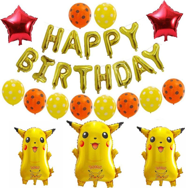 Anayatech pikachu birthday combo-1 happy birthday foil balloon,3 pikachu foil balloon,2 red star,16 orange polka dot balloon,16 yellow polka dot balloon(pack of 50)  (Set of 50)