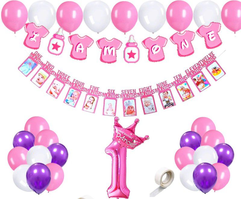FLICK IN First Birthday Decoration Items for Girls I Am One Banner Princess Crown Balloon  (Set of 35)