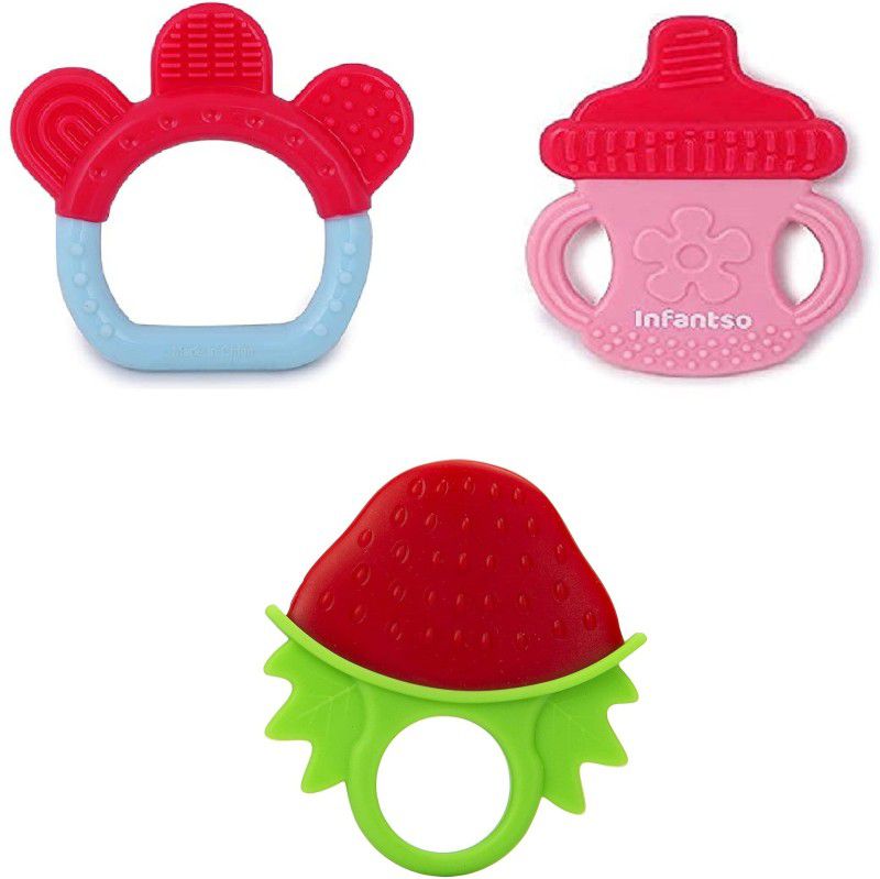 INFANTSO 1 Bottle, 1 Ring & 1 Strawberry Shaped Set of 3 Teether  (Multi20)
