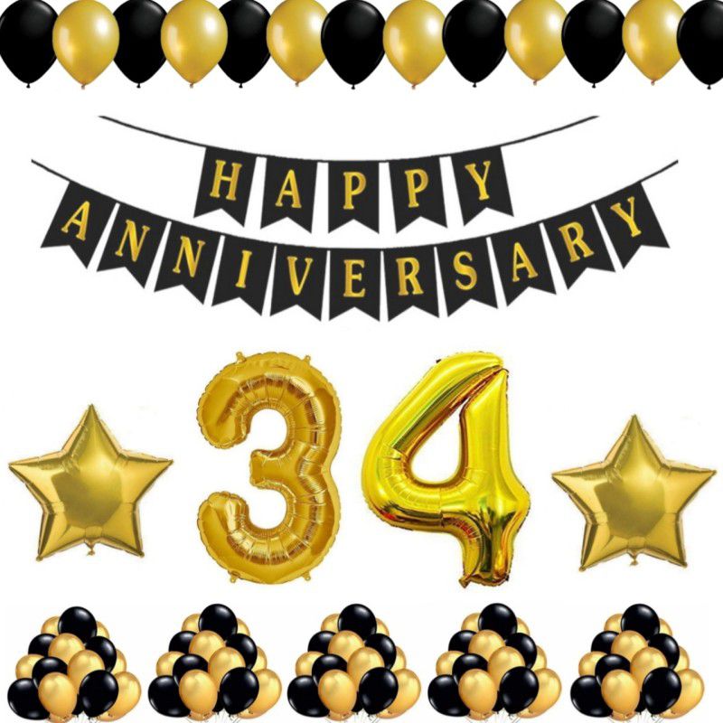 Alaina Happy Anniversary Decoration Kit 55 Pcs Combo - 1 Pc Happy Anniversary Banner (Black & Golden Color) + 50 Pcs Metallic Balloons + 2 Pcs Golden Foil Stars + 34 Number Foil in Golden Color  (Set of 55)