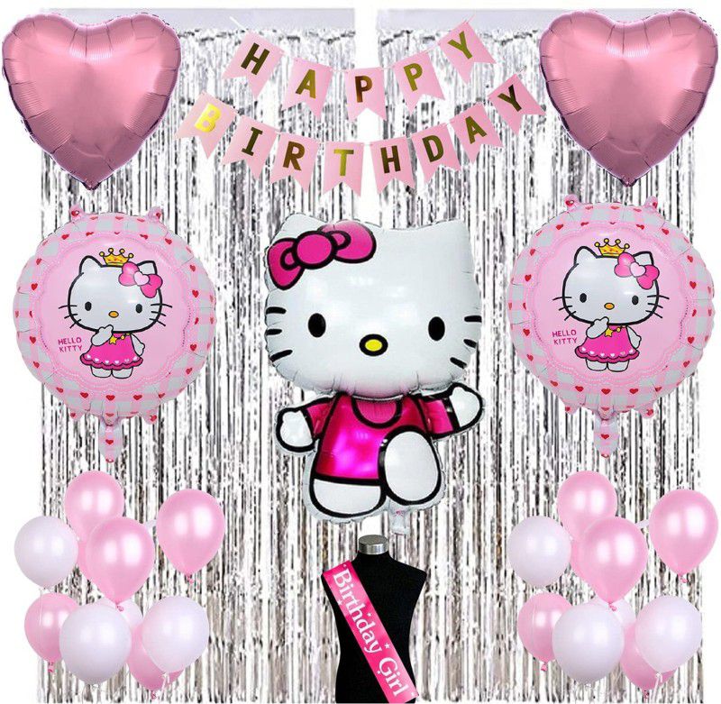 decokart 5 pc kitty combo with sash-13 pc birthday banner,1 sash,5 pc kitty set,2 curtain,30 balloon. packof 51  (Set of 51)