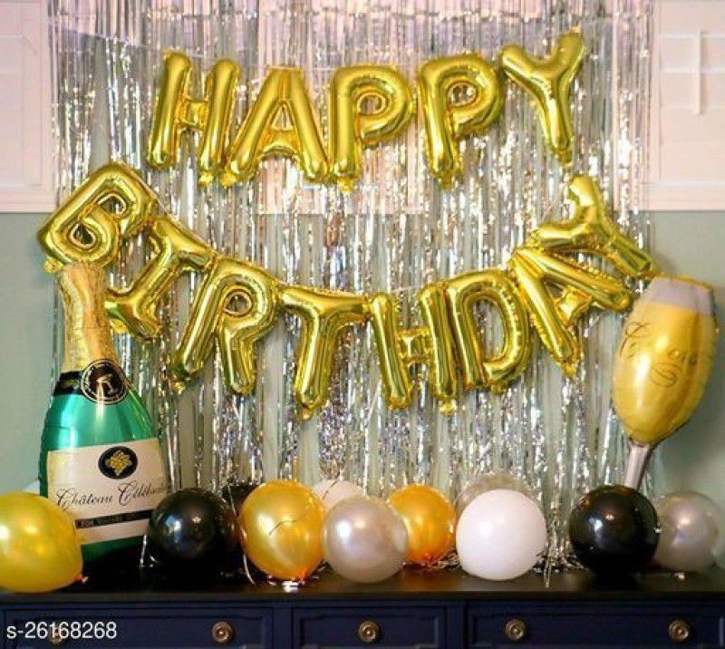 Atoz Party Supplies Happy Birthday Foil Letters 13 pcs- Golden + 2pcs Silver Fringe Curtains + 1pc F  (Set of 35)