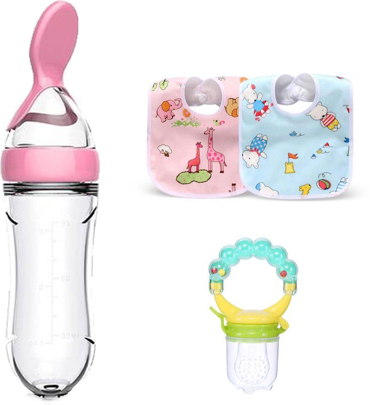 Mojo Galerie MG Green Rattle Food Pink Spoon Feeder 2 Tich Bib Combo Teether and Feeder  (Pink - Green Rattle)