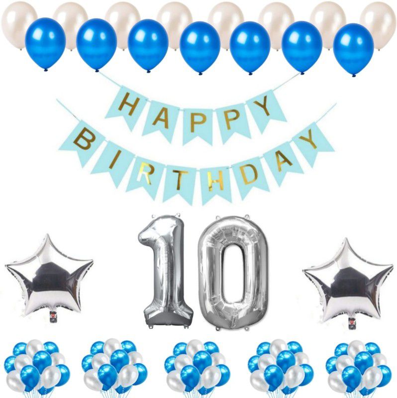 Alaina Happy Birthday Decoration Kit 55 Pcs Combo Pack - 1 Pc of Happy Birthday Banner (Blue & Golden Color) + 50 Pcs Metallic Balloons + 2 Pcs Silver Foil Stars + 10 Number Foil in Silver Color  (Set of 55)