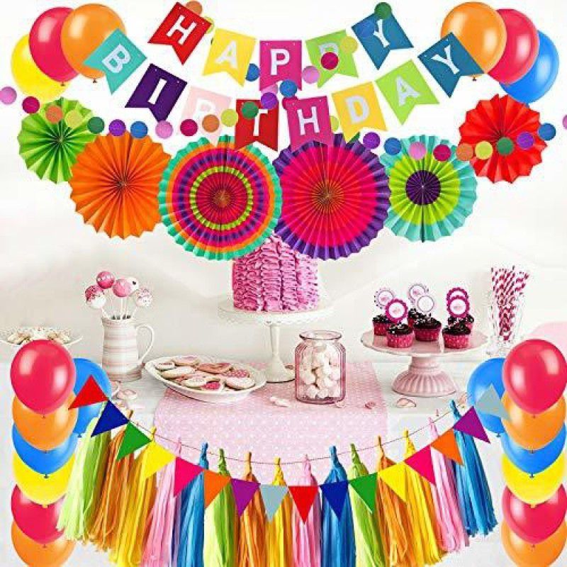 Anayatech multicolor Birthday Wall Decorations Combo Pack - Pack of 31 (1 hb banner,1 tussel string,6 paper fan,22 multicolor balloon)  (Set of 31)