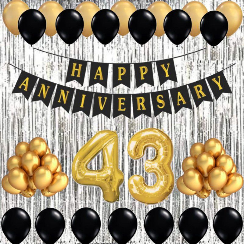 Alaina Happy Anniversary Decoration Kit - 1 Pc Happy Anniversary Banner + 2 Silver Fringe Curtains + 30 Pcs Metallic Balloons + 10 Pcs Chrome Golden Balloons + 43 Foil Number in Golden Color  (Set of 45)