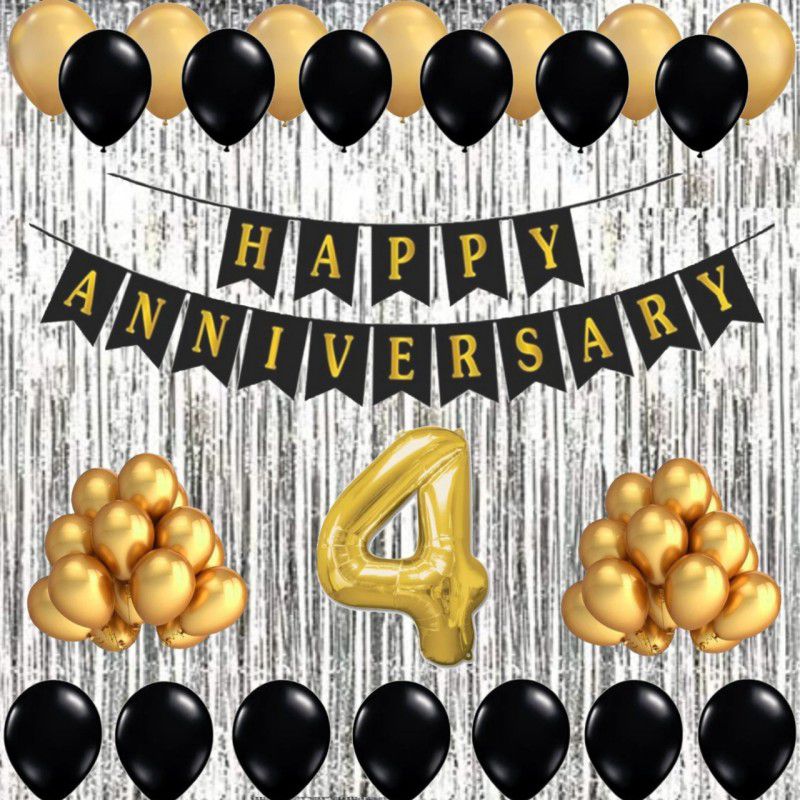 Alaina Happy Anniversary Decoration Kit - 1 Pc Happy Anniversary Banner + 2 Silver Fringe Curtains + 30 Pcs Metallic Balloons + 10 Pcs Chrome Golden Balloons + 4 Foil Number in Golden Color  (Set of 44)