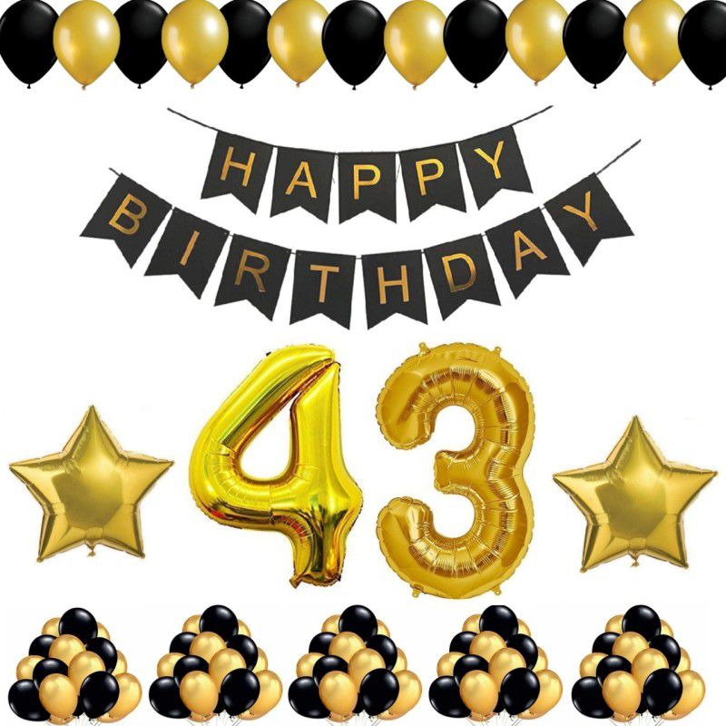 Alaina Happy Birthday Decoration Kit 55 Pcs Combo Pack - 1 Set of Happy Birthday Banner + 50 Pcs Metallic Balloons + 2 Pcs Golden Foil Stars + 43 Number Foil in Golden Color  (Set of 55)