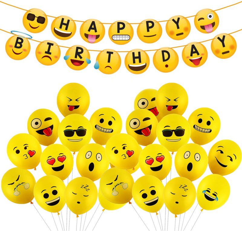 Party Propz Emoji Birthday Banner (1pc) and (Emoji Balloons 50 pcs) for Emoji Theme Decoration Combo Set of 51  (Set of 51)