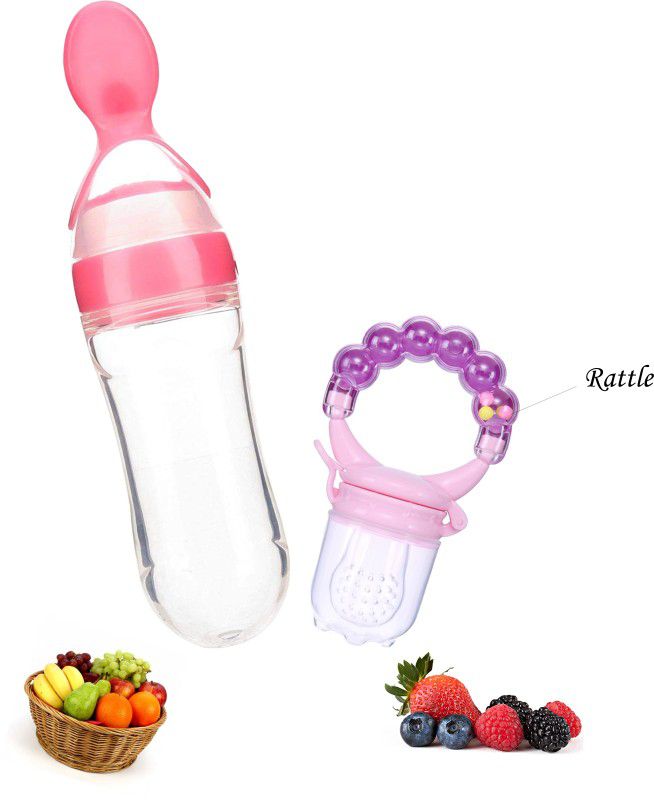 Mojo Galerie Feeding Combo Pack Self-Soother Pink Rattle Fruit & Pink Spoon Feeder for Babies - Silicon  (Pink - Pink)
