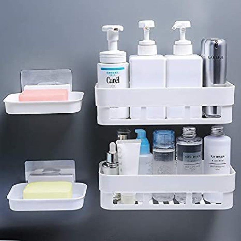 QXORE 3 Pcs Plastic Kitchen Bathroom Shelf Wall Holder Storage Rack With Soap Dish  (White)