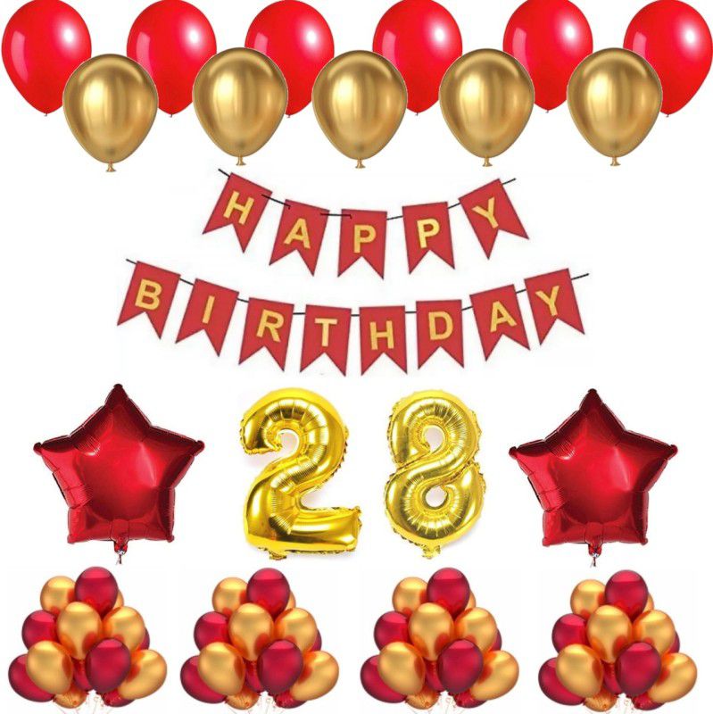 Alaina Happy Birthday Decoration Kit 55 Pcs Combo Pack - 1 Pc of Happy Birthday Banner (Red & Golden Color) + 50 Pcs Metallic Balloons + 2 Pcs Red Foil Stars + 28 Number Foil in Golden Color  (Set of 55)