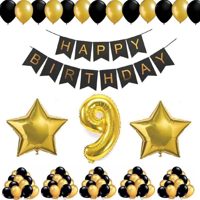 Alaina Happy Birthday Decoration Kit 54 Pcs Combo Pack - 1 Set of Happy Birthday Banner + 50 Pcs Metallic Balloons + 2 Pcs Golden Foil Stars + 9 Number Foil in Golden Color  (Set of 54)