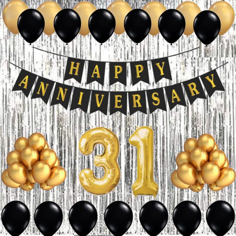 Alaina Happy Anniversary Decoration Kit - 1 Pc Happy Anniversary Banner + 2 Silver Fringe Curtains + 30 Pcs Metallic Balloons + 10 Pcs Chrome Golden Balloons + 31 Foil Number in Golden Color  (Set of 45)