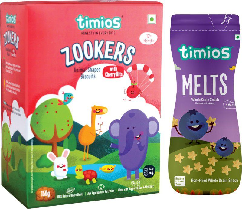 Timios Melts Blueberry baby finger food and Zookers Apple & Blueberry Bits animal shaped biscuits | Pack of 2 Combo Baby Snacks 200 g