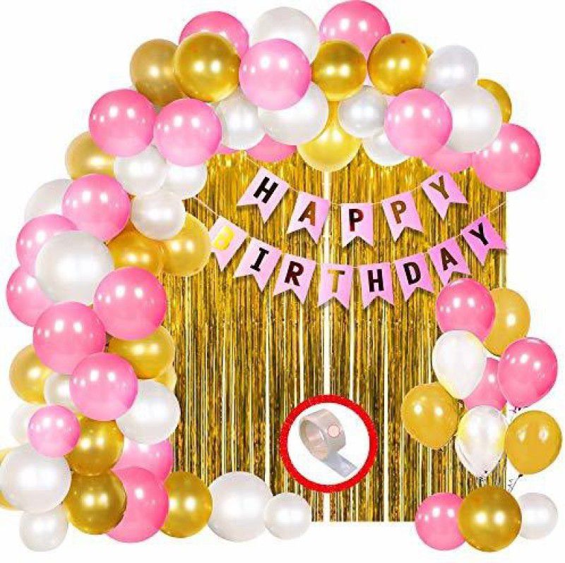 Party Propz Birthday Decoration Kit for Girls - 64Pcs Pink, Glden White Metallic Birthday balloons for Girls Decoration, Golden Foil Curtain, Pink Happy Birthday Banner/Birthday Decoration Combo Set  (Set of 64)