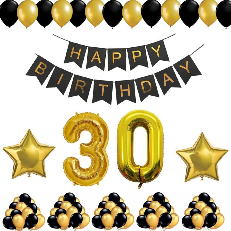 Alaina Happy Birthday Decoration Kit 55 Pcs Combo Pack - 1 Set of Happy Birthday Banner + 50 Pcs Metallic Balloons + 2 Pcs Golden Foil Stars + 30 Number Foil in Golden Color  (Set of 55)