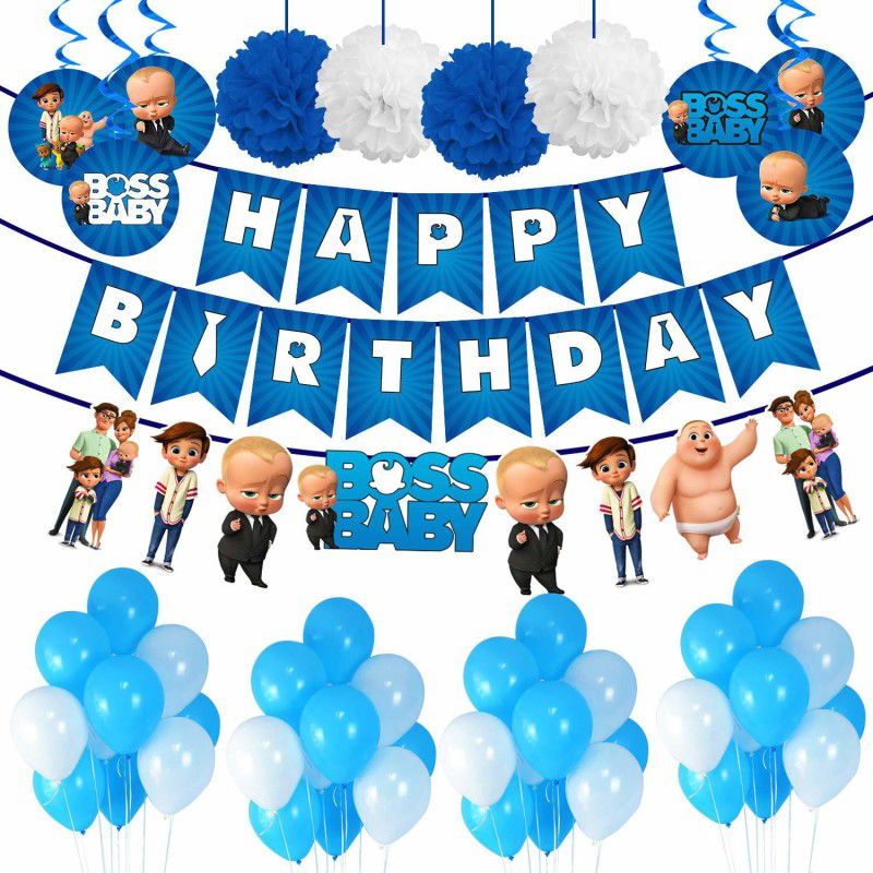 Party Propz Boss Baby Theme Decorations Combo Set - 39Pcs Happy Birthday Banner, Blue White Metallic Balloons, Swirl Decorative, Pom Pom Set for Boys Bday Decorations Items Set/Kids Supplies  (Set of 39)