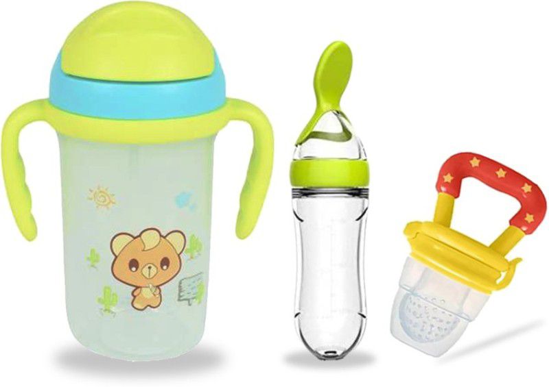 Chinmay Kids Soft Straw Feeding Sipper Anti Spill for Kids With Fruit Feeder And Soother - Made of Food-Grade Material, 100% free of BPA  (Green, Yellow)