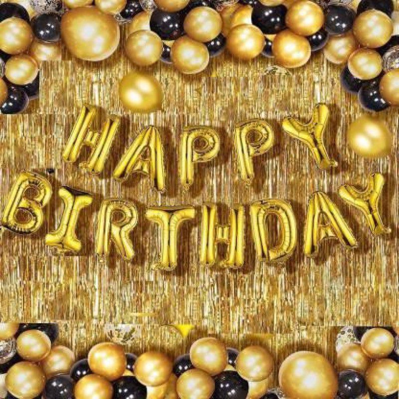 Anayatech Happy Birthday Golden Foil Letter Balloons(13 foil latter 1 pack)With 30 Pic Black Gold Balloons And 2 Pcs Golden Metallic Fringe Shiny Curtains(Pack Of 45) Balloon (Gold, Black, Pack of 45)  (Set of 45)