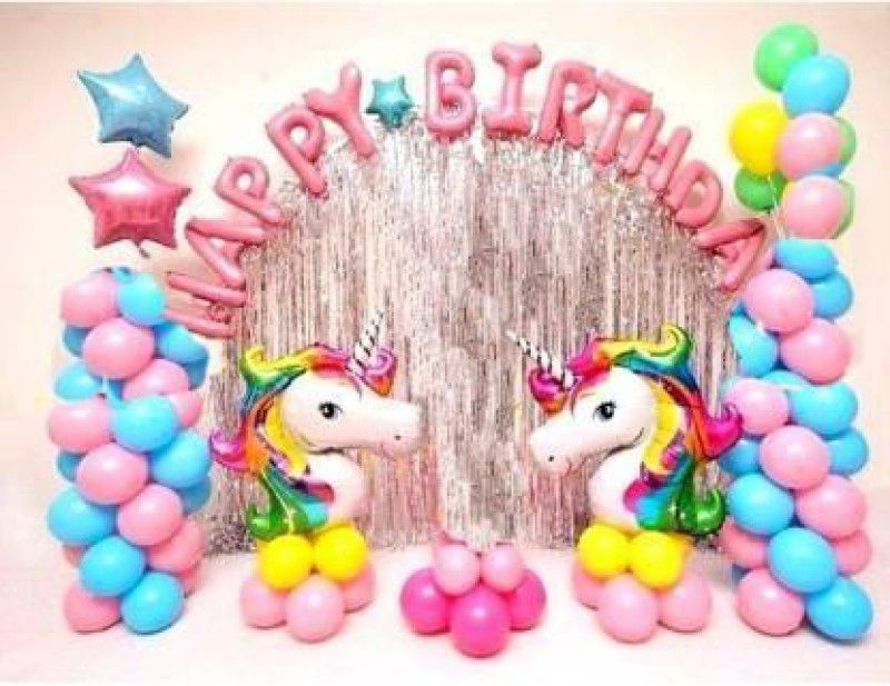 Anayatech happy birthday combo-happy birthday foil, unicorn balloon , star, silver curtain,  (Set of 50)