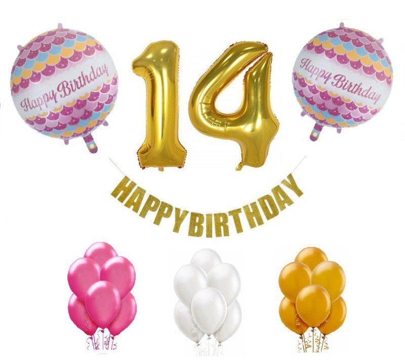 Tiank Innovation Combo for Birthday Party Decoration (Pink , White & Gold Happy Birthday Bunting Banner + 14 Number Gold Foil Balloon + 2 Round Foil Balloon + 50 Pcs Gold , Pink & White Metallic Balloon) (13 Number Combo)  (Set of 55)