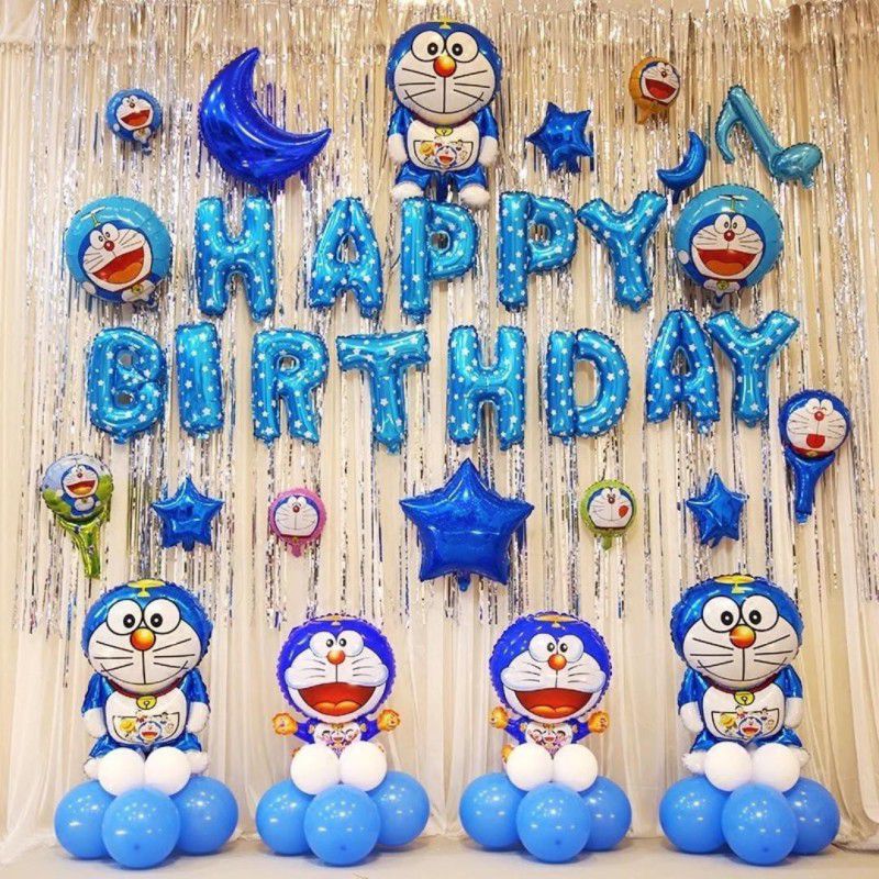 Anayatech 5 pc doreamon birthday combo-1 happy birthday foil balloon,5 doreamon foil balloon,1 moon, 2 silver curtain,2 blue star,30 balloon (pack of 53)  (Set of 53)