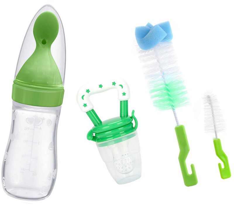 ITSYYBOO SILICONE SPOON BOTTLE + FRUIT NIBBLER + FEEDER BRUSH GREEN COLOR - SILICONE, PLASTIC  (GREEN)