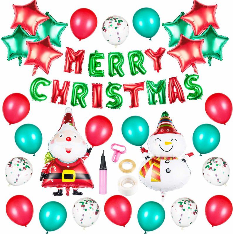 Anayatech christmas combo with snowman and santa clause-14 pc christmas foil,1 snowman,1 santa clause,1 pump,1 ballon knot,1 glue dot,8 star,5 confeeti balloon,30 balloon.pack of 62  (Set of 62)