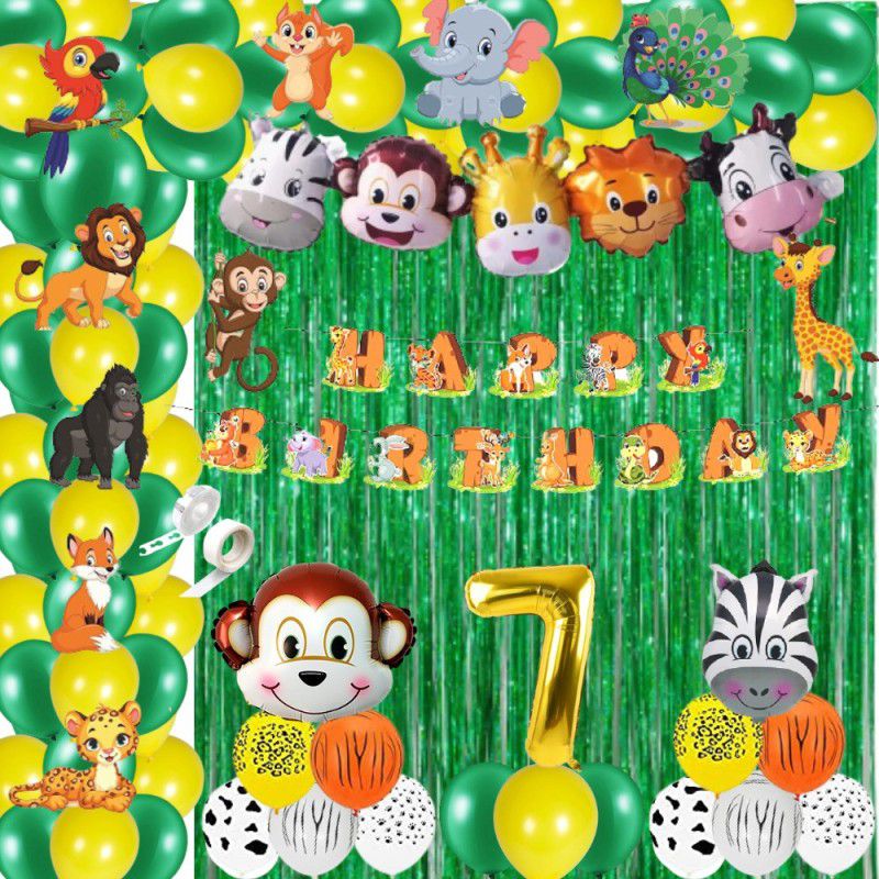 FLICK IN 7th Birthday Decoration for Boys Animal Cutouts Banner Foil Balloon Jungle Theme  (Set of 75)