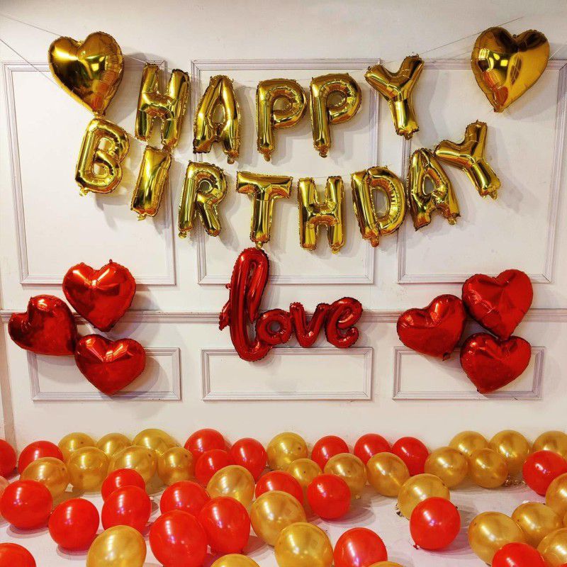 Party Propz Birthday Decorations Kit - Red and Golden Happy Birthday Balloons For Decoration Kit / 73Pcs Birthday Decoration Items For Love With Red Golden Heart and Metallic Balloons Arch Glue Dot Combo  (Set of 73)
