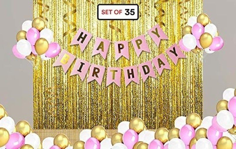 Anayatech Birthday Combo Fringe Curtain 3pc + 1 Happy Birthday Banner + Metallic Balloons (Pink Gold and White) Pack of 35  (Set of 35)