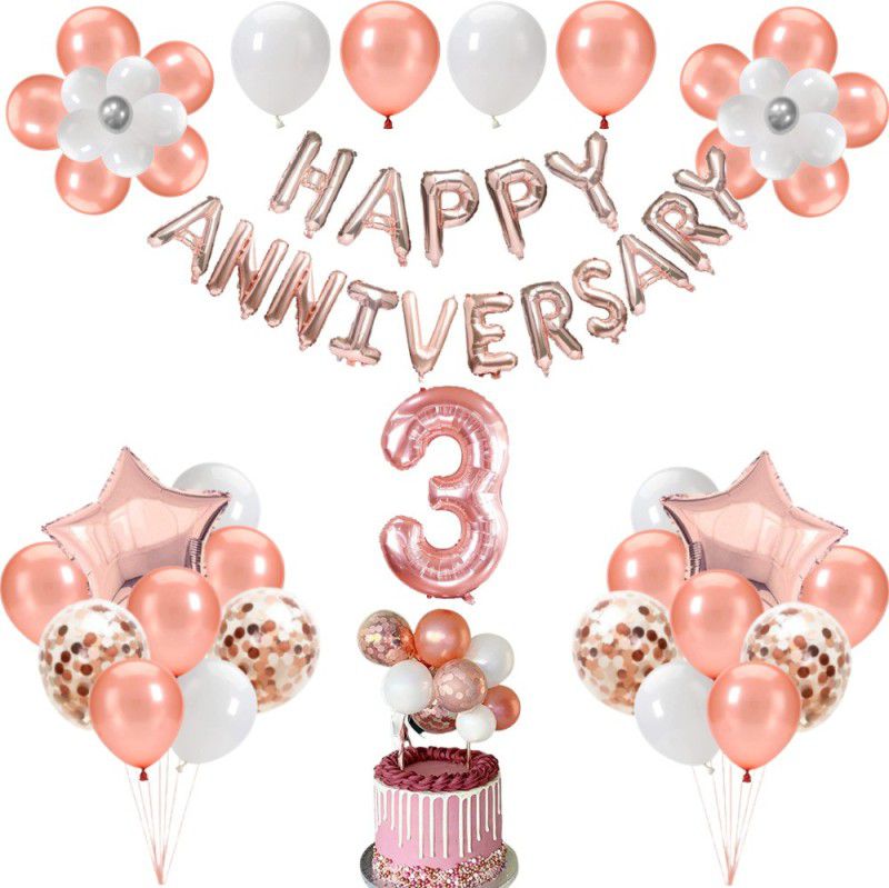 FLICK IN Happy 3rd Anniversary Rose Gold Decoration Fringe Curtain Balloon Cake Topper  (Set of 51)