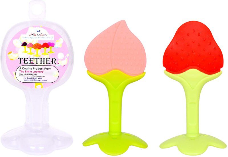 The Little Lookers Fruit Shape Silicone Teether for Baby Strawberry_Peach Teether  (Red & Peach)