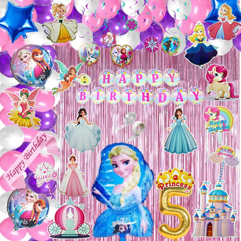 FLICK IN 5th Birthday Princess Theme Decoration Frozen Theme Birthday Decorations Girls  (Set of 89)