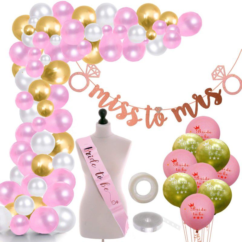 Party Propz 91Pcs Bride to Be Bachelorette Party Decorations Set|Sash, Miss to Mrs Banner, Pink-White-Golden Balloons and Printed Latex Balloons Combo for Bridal Shower Decoration  (Set of 91)