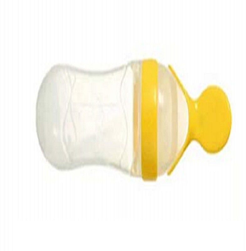 moms angel Baby Food Grade Silicone Squeeze Food Feeder with Spoon - Silicon  (Yellow)