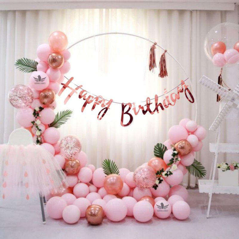 Alaina Happy Birthday Decoration Kit 55 Pcs Combo Pack - 1 Pc Happy Birthday Cursive Banner + 4 Pcs Rose Gold Confetti Balloons + 10 Pcs Rose Gold Chrome Balloons + 40 Pcs Pink Pastel Balloons  (Set of 55)