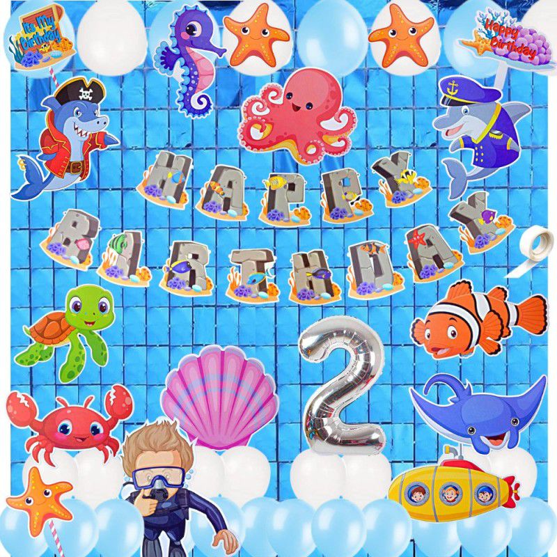 FLICK IN Happy 2nd Birthday Decoration Marine Animals Cutouts Aqua Theme Birthday Decor  (Set of 52)