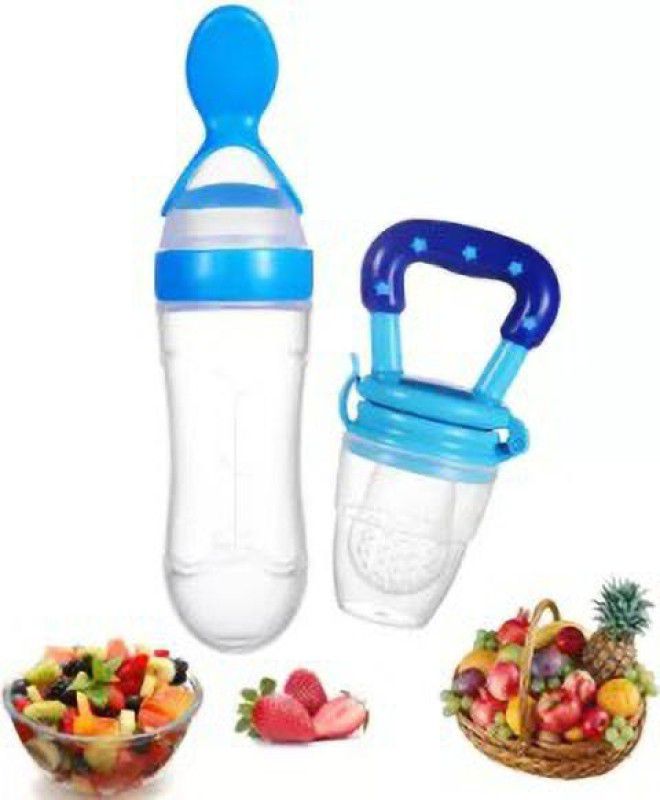 QTYPIY Silicone squeeze Fresh Food Feeder Bottle with Food Dispensing Spoon, Teether and Feeder  (Blue)