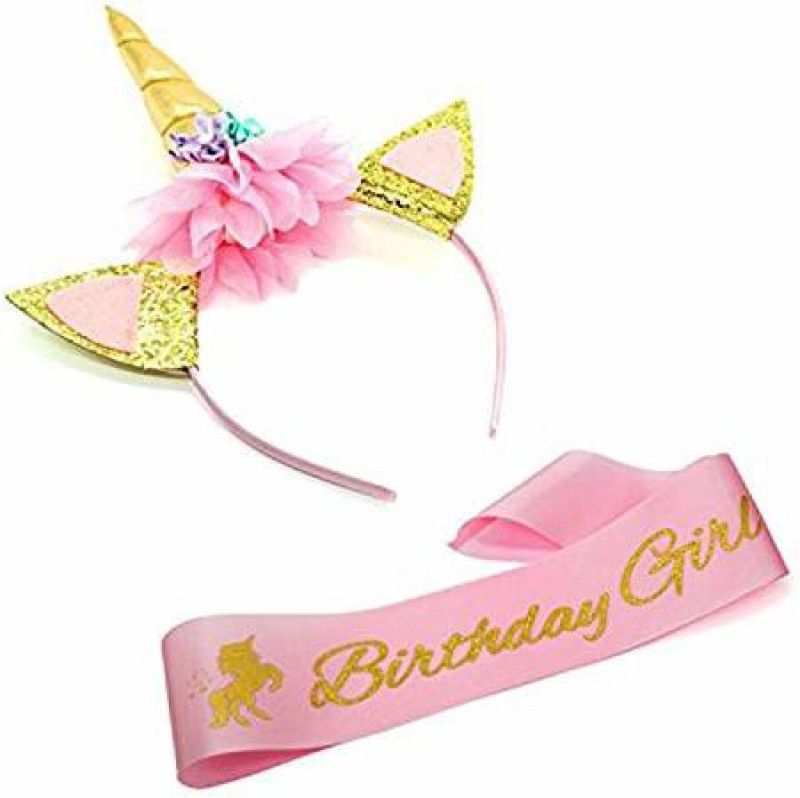 Party Propz 2Pcs Unicorn Birthday Girl Set of Gold Unicorn Headband and Pink Satin Sash for Baby Girls Birthday Unicorn Theme Reception Supplies  (Set of 2)