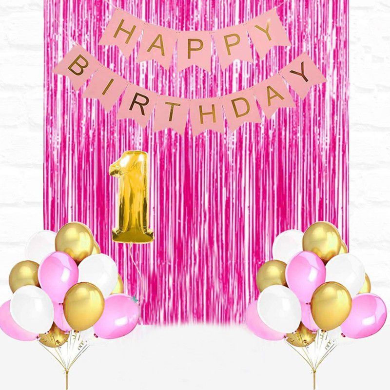 Party Propz Girls 1St Birthday Decoration 28Pcs Combo (2 Pink Foil Curtain+No. 1 Foil Balloon+24 Pcs Balloon+1 Birthday Banner)  (Set of 28)