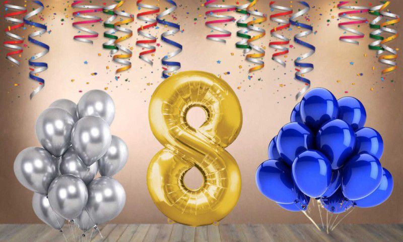 Balloonistics Gold Number 8 Foil Balloon and 25 Nos Blue Silver Metallic Shiny Latex Balloon  (Set of 1)