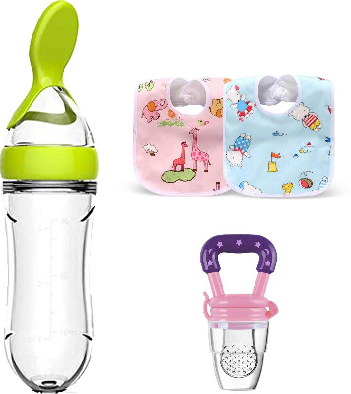 Mojo Galerie Feeding& Cleaning Combo 2 Bib, Pink Fruit Feeder & Green Spoon Feeder for Babies Teether and Feeder  (Green - Pink)